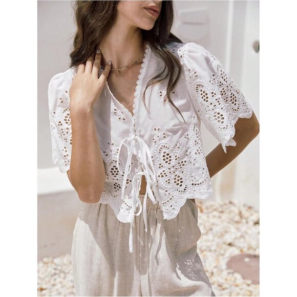 Women's Polyester Crop Top V Neck Ruffle Short Sleeve Summer Blouse - Picture 4 of 5